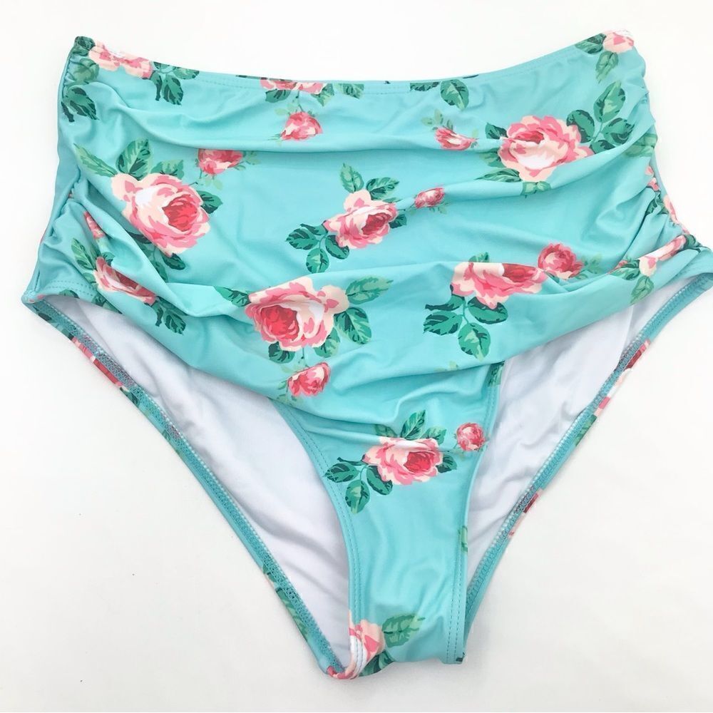Beachsissi Retro Teal Rose Print Ruched Bikini Swimsuit Bottoms - NEW no Tags